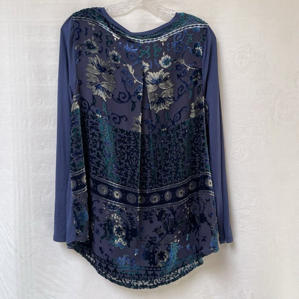 Soft‎ Surroundings Top Womens Medium Blue Velvet Blouse Top Long Sleeve Stretch